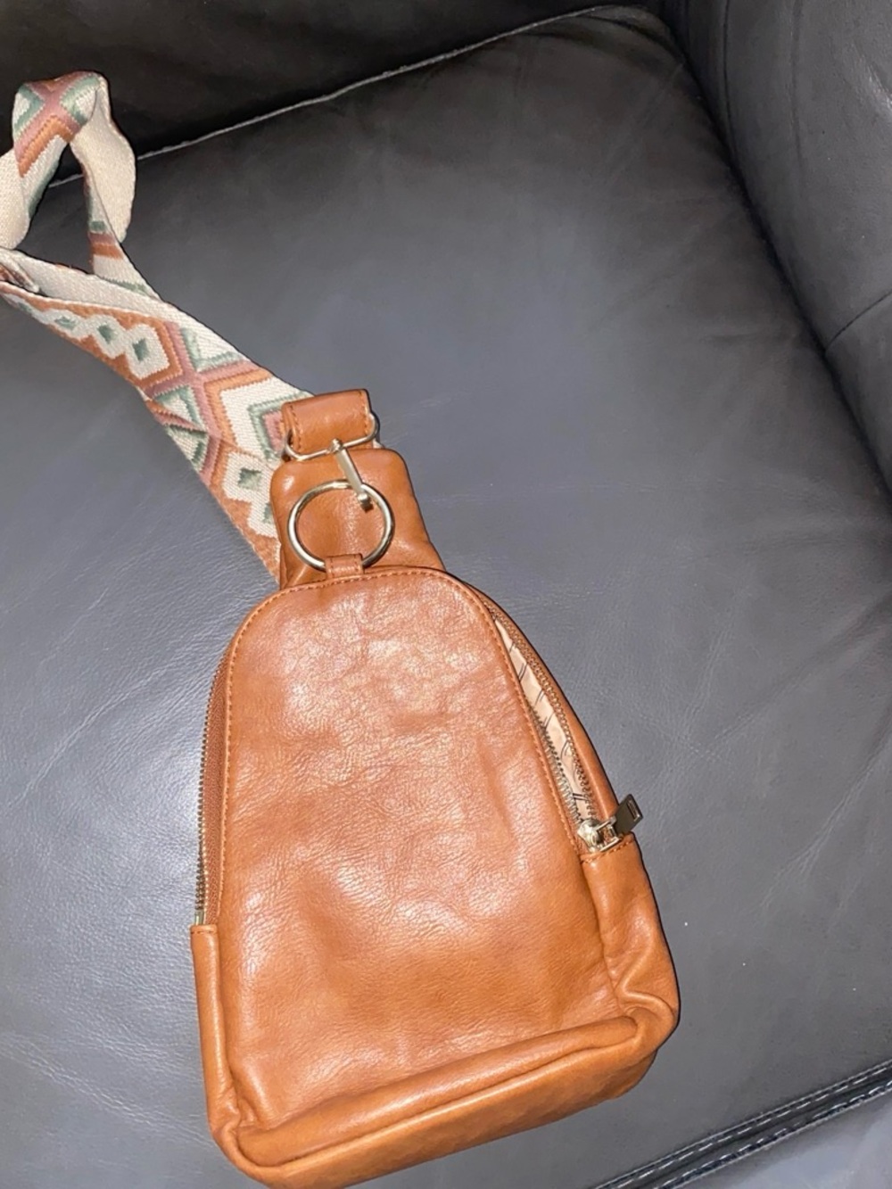 Casual Tan Leather Crossbody Sling Bag with Patterned Strap
